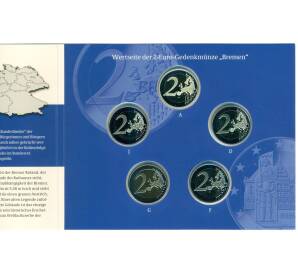 Набор из 5 монет 2 евро 2010 года Германия «Федеральные земли Германии — Бремен»