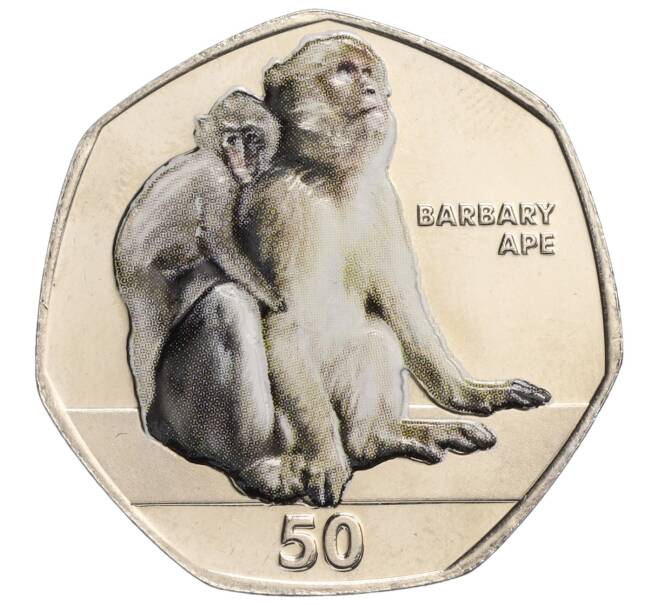 Монета 50 пенсов 2018 года Гибралтар «Приматы — Магот (Цветное покрытие)» (Артикул M2-70699)