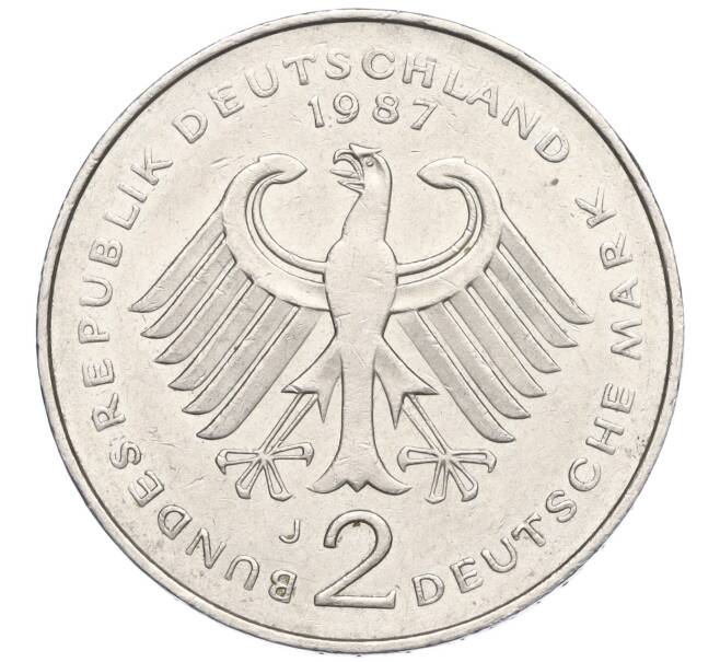 Монета 2 марки 1987 года J Западная Германия (ФРГ) «Курт Шумахер» (Артикул K11-110962)