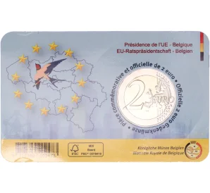 2 евро 2024 года Бельгия «Председательство Бельгии в Европейском Союзе» (текст на лицевой стороне блистера на фламандском и английском)