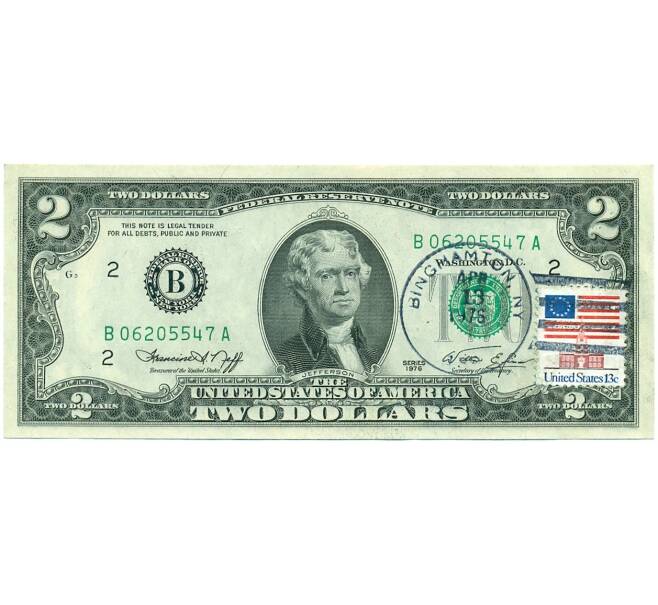 Банкнота 2 доллара 1976 года США «200 лет Независимости США» (Спецгашение) (Артикул: T11-02189) — Фото №1