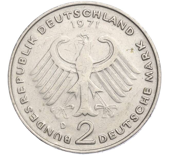 Монета 2 марки 1971 года D Западная Германия (ФРГ) «Теодор Хойс» (Артикул K11-114879)