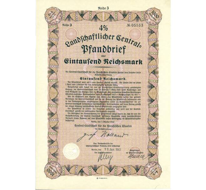 4% облигация на 1000 рейхсмарок 1940 года (Central-Candschast fur die Preukischen Staaten) (Артикул: K11-115065) — Фото №1