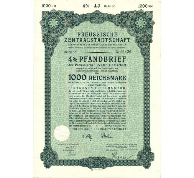 4% облигация на 1000 рейхсмарок 1940 года (Preussische Zentralstadtschaft) (Артикул K11-115066)