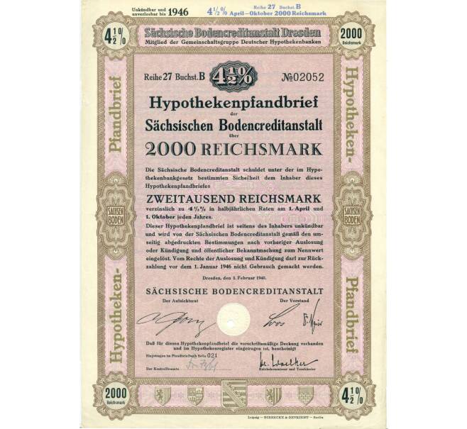 4 1/2% облигация на 2000 рейхсмарок 1940 года Германия (Саксонский земельный банк) (Артикул K11-115089)