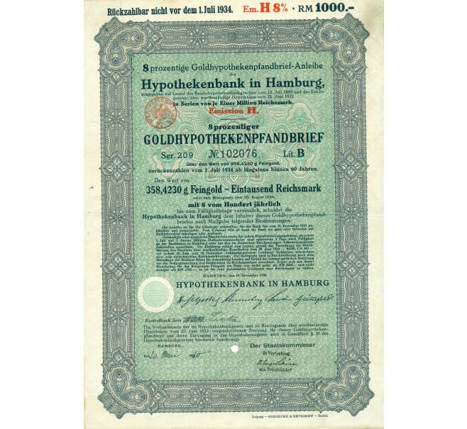 Облигация на 8 % Письмо о залоге по золотой ипотеке на 1000 рейчсмарок 1928 года (Ипотечный банк в Гамбурге) (Артикул K11-114960)