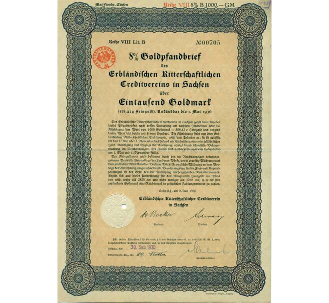 Облигация на 8 % Залоговый вексель на 1000 рейхсмарок 1930 года Лейпциг Германия (Рыцарское кредитное общество в Саксонии) (Артикул K11-114965)