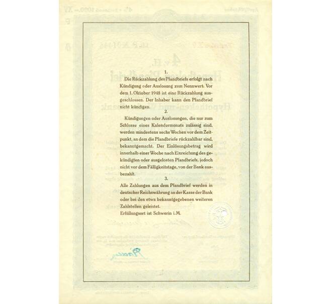Облигация на 4 % Письмо с планом ипотеки на 1000 марок 1940 года Германия (Артикул K11-114984)