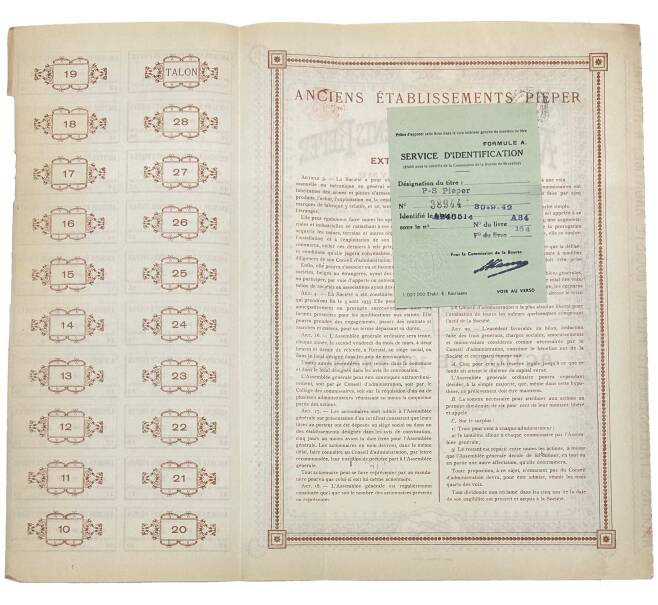 Акция на 100 франков оружейной компании имени Пепера 1920 года Бельгия (Артикул K11-115304)
