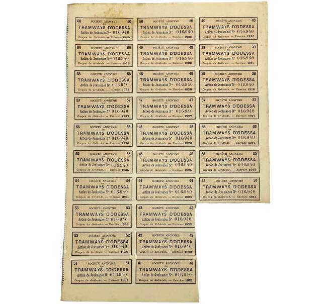 Талоны от акции на 100 франков Бельгийского Одесского трамвайного акционерного общества 1881 года (Артикул: K11-115321) — Фото №1