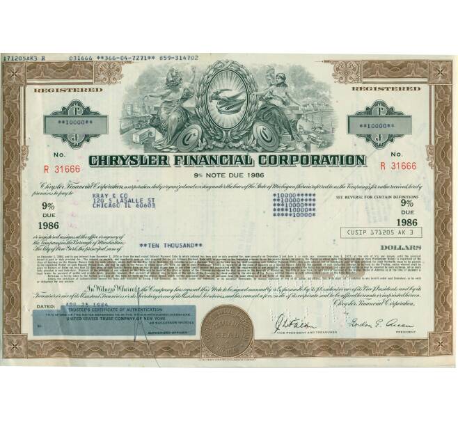Акция на 10000 долей «Chrysler Financial Corporation» 1986 года (Артикул K11-115325)
