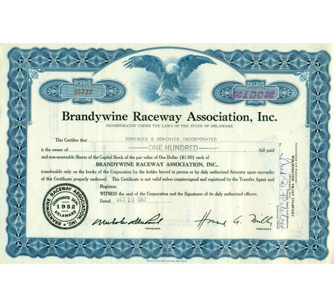 Акция на 100 долей «Brandywine Raceway Association Inc» 1967 года (Артикул K11-115340)