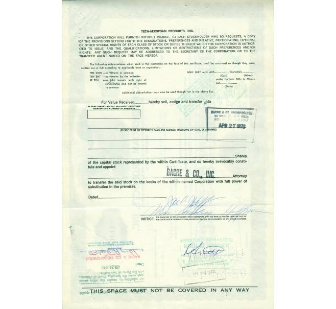 Акция на 100 долей «Tech-Aerofoam Products Inc» 1970 года (Артикул K11-115344)