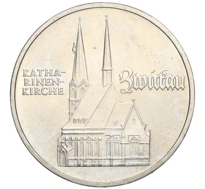 Монета 5 марок 1989 года Восточная Германия (ГДР) «500 лет со дня рождения Томаса Мюнцера — Церковь Святой Екатерины в Цвиккау» (Артикул M2-71187)