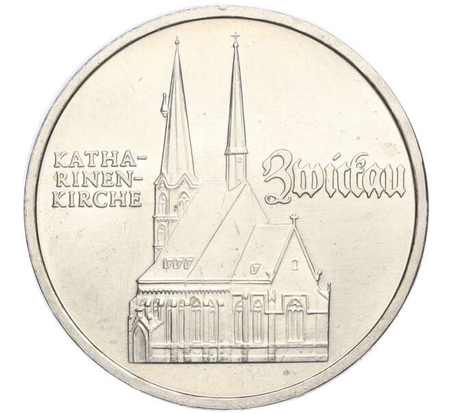 Монета 5 марок 1989 года Восточная Германия (ГДР) «500 лет со дня рождения Томаса Мюнцера — Церковь Святой Екатерины в Цвиккау» (Артикул M2-71188)