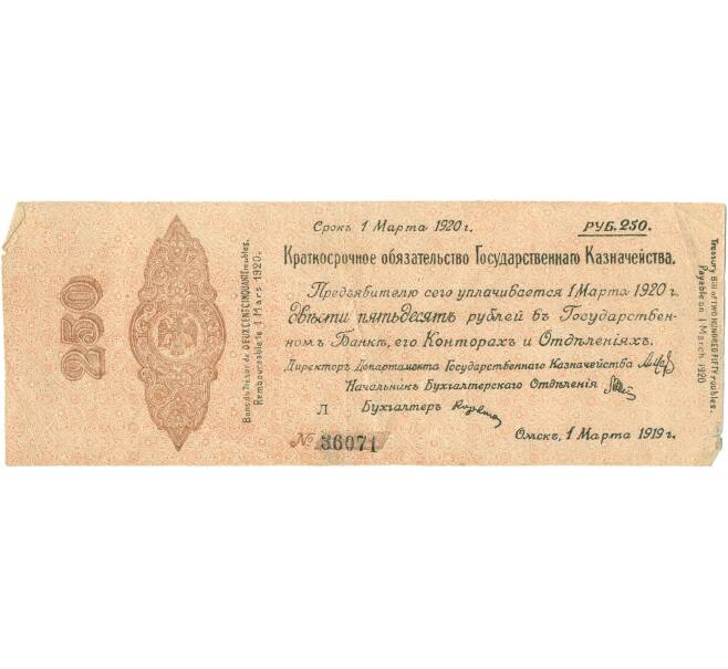Банкнота 250 рублей 1919 года 5% краткосрочное обязательство Государственного Казначейства (Омск) (Артикул T11-02374)