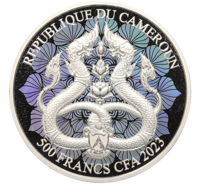 Монета 500 франков 2023 года Камерун «Мифические существа в индуизме и буддизме — Нага» (Женщина — синяя эмаль) (Артикул M2-71670)