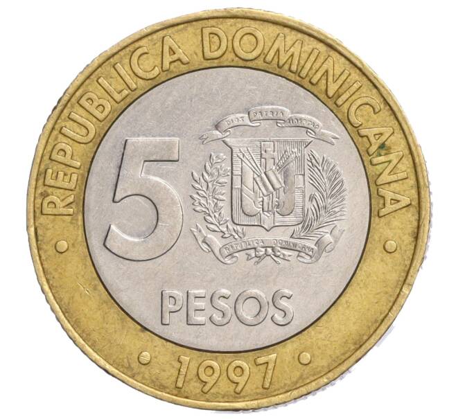 Монета 5 песо 1997 года Доминиканская республика «50 лет Центробанку» (Артикул K11-118672)