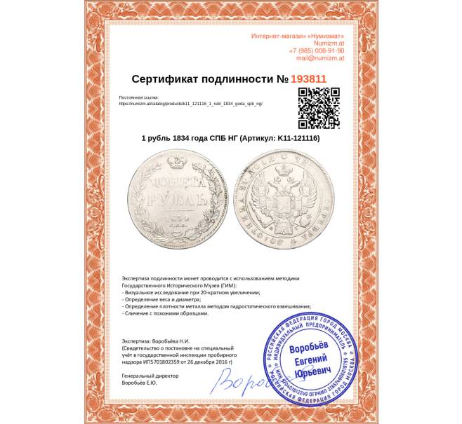 Монета 1 рубль 1834 года СПБ НГ (Артикул K11-121116)