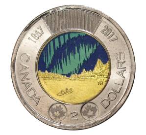 2 доллара 2017 года 150 лет Конфедерации Канада — Полярное сияние (цветная) — Фото №1