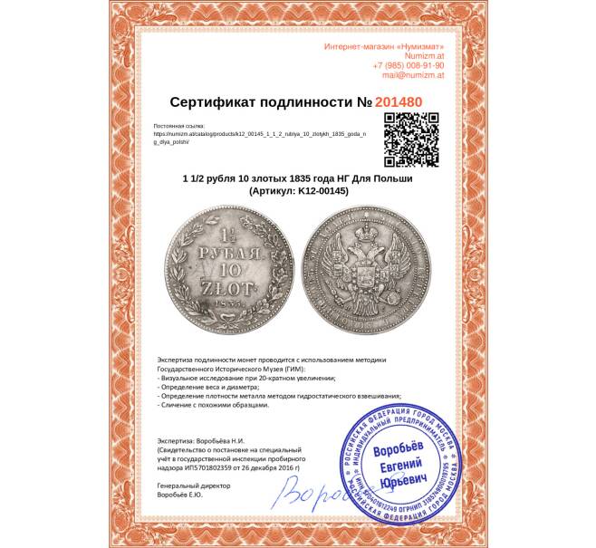 Монета 1 1/2 рубля 10 злотых 1835 года НГ Для Польши (Артикул K12-00145)