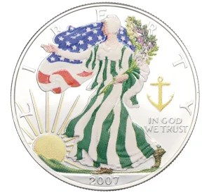 1 доллар 2007 года США «Шагающая Свобода» (Цветное покрытие — Зеленая полоска)