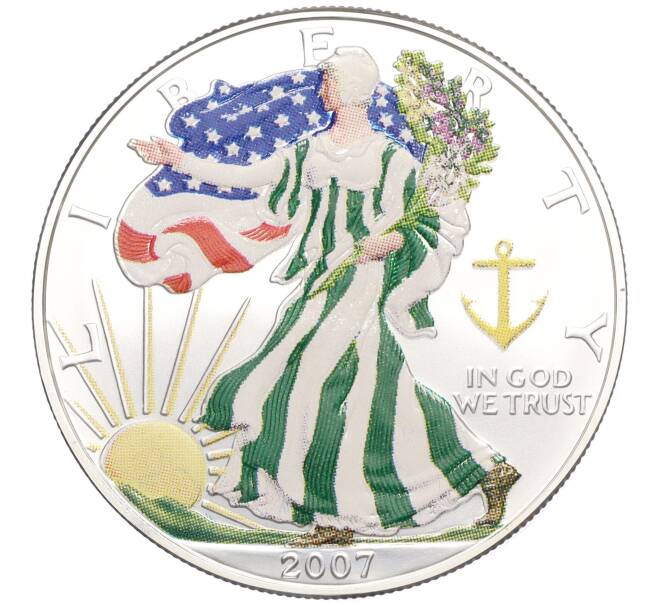 1 доллар 2007 года США «Шагающая Свобода» (Цветное покрытие — Зеленая полоска) (Артикул T11-05301)