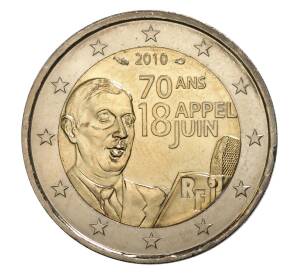 2 евро 2010 года Франция — 70 лет речи Шарля де Голля «Ко всем французам»