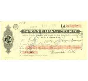 Банковский чек 1600 лир 1929 года Италия Banca Siciliana di Credito
