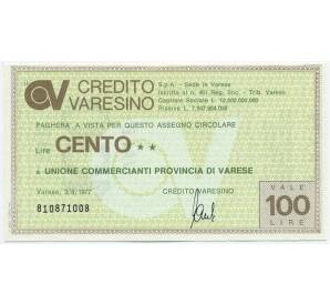 Банковский чек 100 лир 1977 года Италия Кредит Варезино