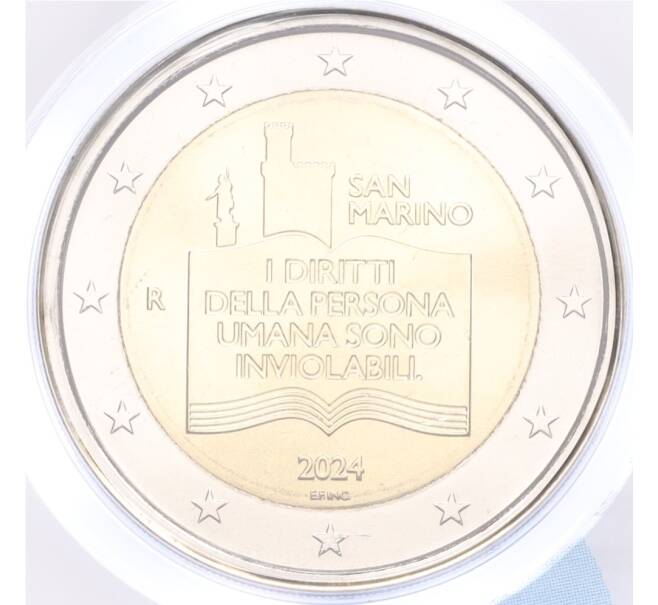 Монета 2 евро 2024 года Сан-Марино «50 лет Декларации гражданских прав и основополагающих принципов правовой системы Сан-Марино» (в буклете) (Артикул M2-73601)