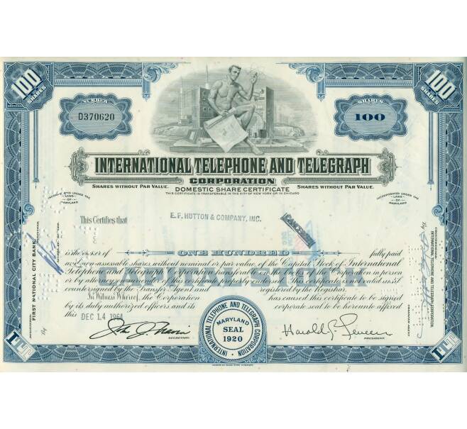 Акция на 100 долей Интернациональной телефонной и телеграфной корпорации (ITT) 1964 года США (Артикул K12-04259)