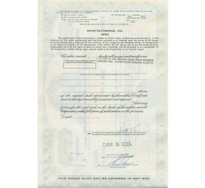 Акция на 100 долей «Rayette-Faberge Inc» 1968 года США (Артикул K12-04260)