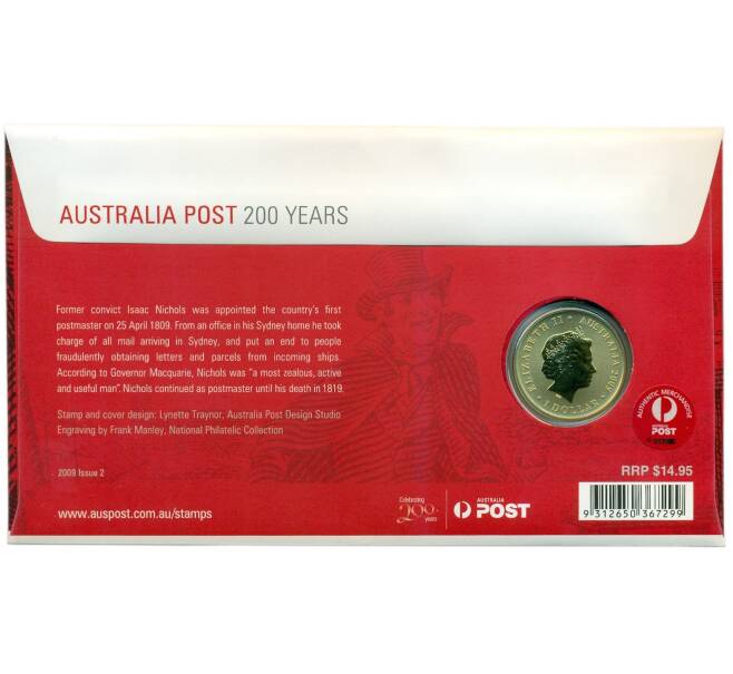 Монета 1 доллар 2009 года Австралия «200 лет почтой службе Австралии» (в конверте с почтовой маркой) (Артикул: M2-73648)