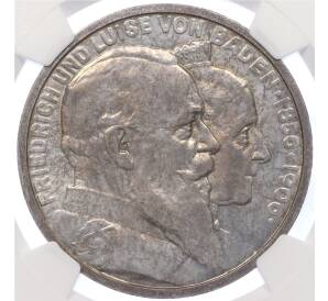 5 марок 1906 года Германия (Баден) «50 лет свадьбе Фридриха I и Луизы Прусской» в слабе NGC (UNC details) — Фото №1