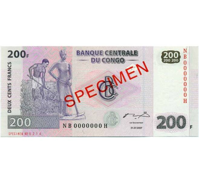 Банкнота 200 франков 2007 года Конго (ДРК) (Образец) (Артикул: K12-05743) — Фото №1