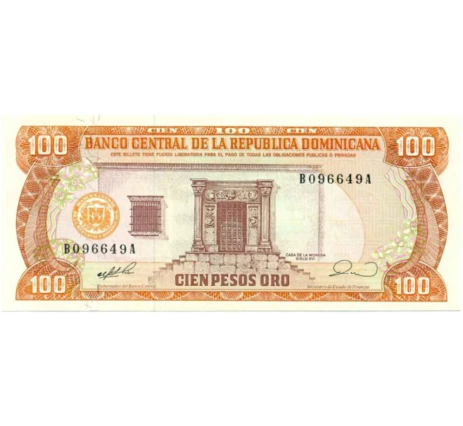 Банкнота 100 песо 1990 года Доминиканская республика (Артикул K12-06478)