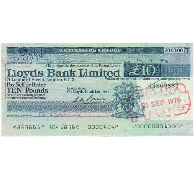 Банкнота Дорожный чек на 10 фунтов 1976 года Великобритания (Артикул K12-08631)