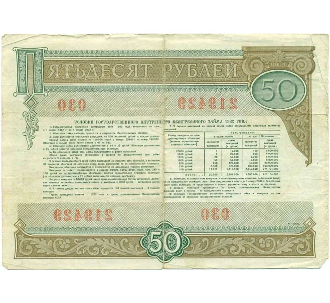 Облигация 50 рублей 1982 года Государственный внутренний выигрышный заем (Артикул K12-10001)