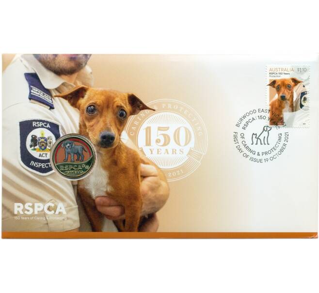 Монета 1 доллар 2021 года Австралия «150 лет Королевскому обществу по предотвращению жестокого обращения с животными — Собака» (в конверте с почтовой маркой) (Артикул: M2-74175)