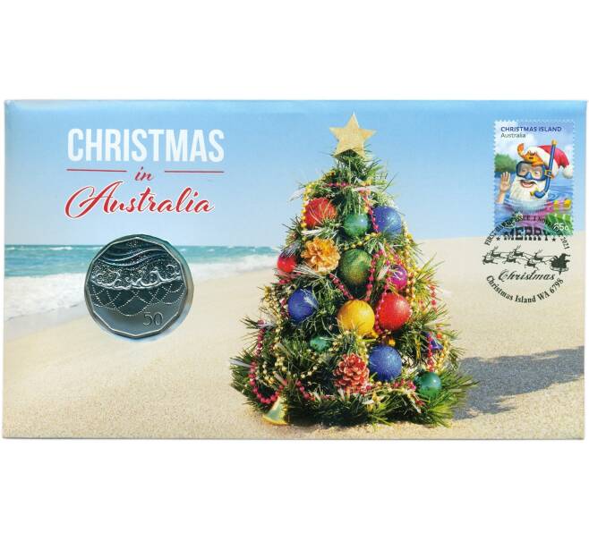 Монета 50 центов 2021 года Австралия «Рождественские украшения» (в конверте с почтовой марками) (Артикул M2-74183)