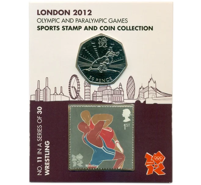 Монета 50 пенсов 2011 года Великобритания «XXX летние Олимпийские Игры 2012 года в Лондоне — Борьба» (в блистере) (Артикул K12-13371)