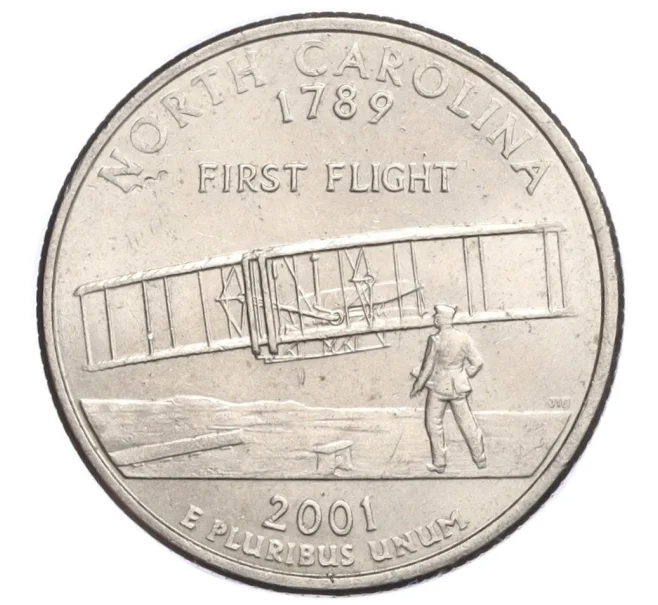 Монета 1/4 доллара (25 центов) 2001 года D США «Штаты и территории — Штат Северная Каролина» (Артикул K12-14014)
