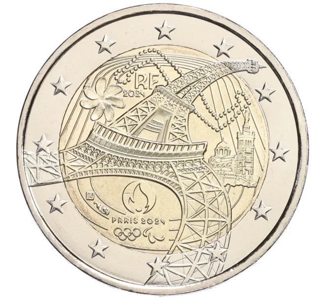 Монета 2 евро 2024 года Франция «XXXIII летние Олимпийские игры в Париже 2024 года — Эйфелева башня» (Артикул M2-74438)