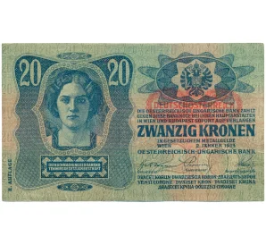 20 крон 1919 года Австрия (горизонтальная красная надпечатка на 20 кронах 1913)