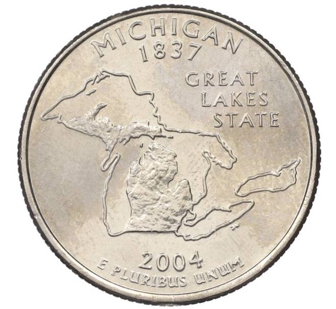 Монета 1/4 доллара (25 центов) 2004 года P США «Штаты и территории — Штат Мичиган» (Артикул K12-18962)