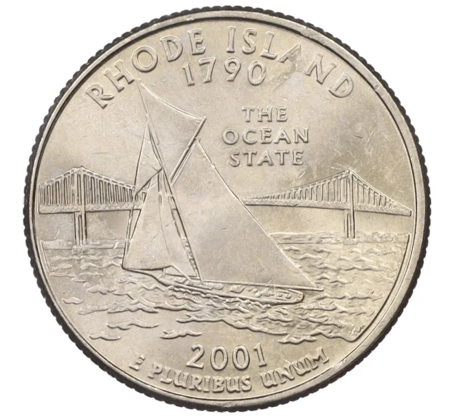 Монета 1/4 доллара (25 центов) 2001 года P США «Штаты и территории — Штат Остров Руда» (Артикул K12-18967)