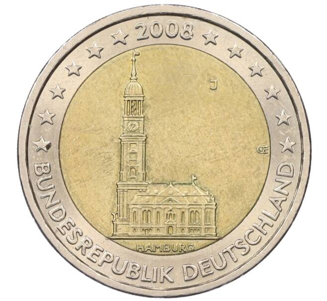 Монета 2 евро 2008 года J Германия «Федеральные земли Германии — Гамбург (Церковь святого Михаила)» (Артикул K12-18974)