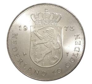 10 гульденов 1973 года Нидерланды «25 лет правления Королевы Юлианы» — Фото №2