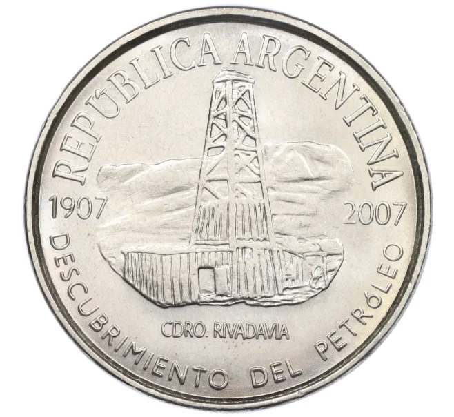 Монета 2 песо 2007 года Аргентина «100 лет нахождению нефти в Аргентине» (Артикул K12-21830)